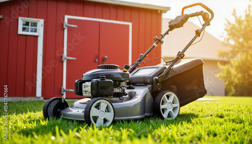 Gas lawn mower parked on green grass in front of red barn  
