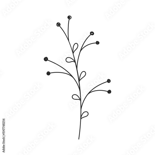 Decorative berry twig. Hand drawn illustration of curved stem and berry-like dots. Simple botanical element in linear doodle style. Vector 10 EPS.