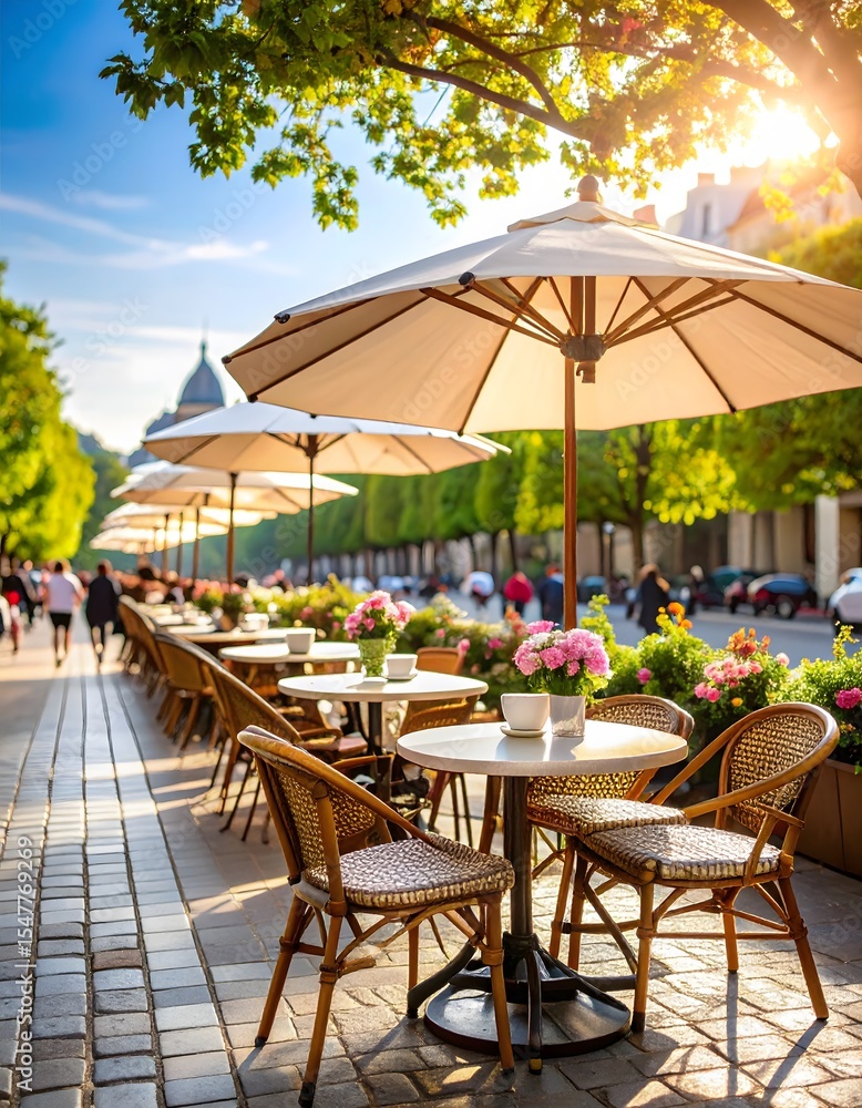 Obraz premium Parisian Cafe Scene with Wicker Chairs, Umbrellas, and Flowers in Golden Sunlight