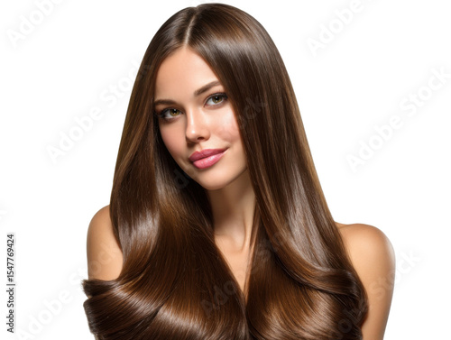 Radiant Locks: Captivating the epitome of beauty, a woman with cascading, sleek brown hair exudes elegance, embodying the essence of luxurious hair care and styling, exuding confidence.