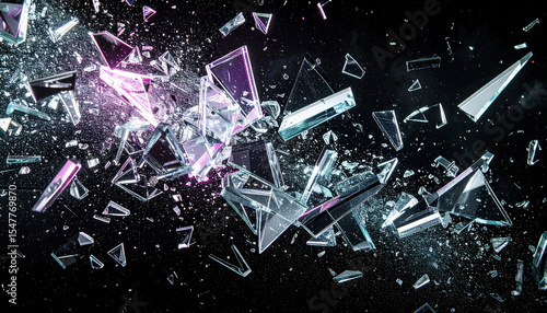 ネオンに照らされた砕けたガラス片、紫とピンクの光が舞う幻想的な破片イメージ
Shattered Glass Floating in Neon Glow – Purple and Pink Light Fragments in the Air