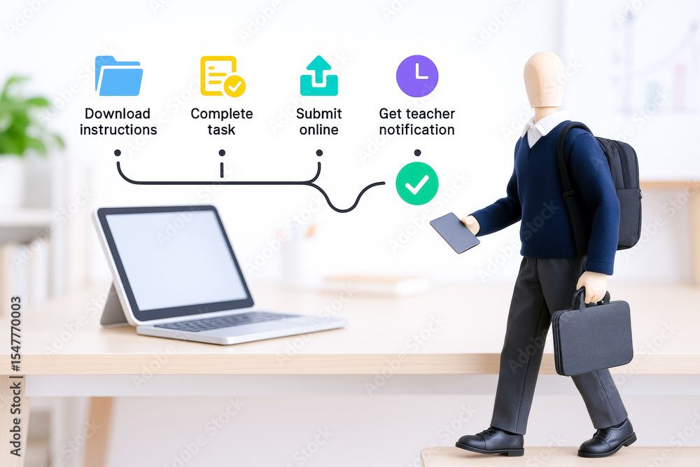 Miniature figure of person with backpack holding briefcase and tablet, standing next to laptop desk, with digital workflow diagram background, illustrating hybrid learning process and emotional Miniature figure of person with backpack holding briefcase and tablet, standing next to laptop desk, with digital workflow diagram background, illustrating hybrid learning process and emotional