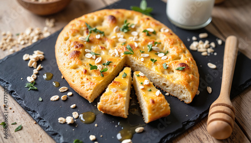 Freshly baked flatbread with honey and oats on wooden table  