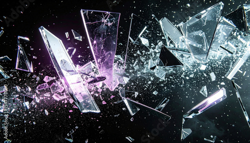 ネオンに照らされた砕けたガラス片、紫とピンクの光が舞う幻想的な破片イメージ
Shattered Glass Floating in Neon Glow – Purple and Pink Light Fragments in the Air