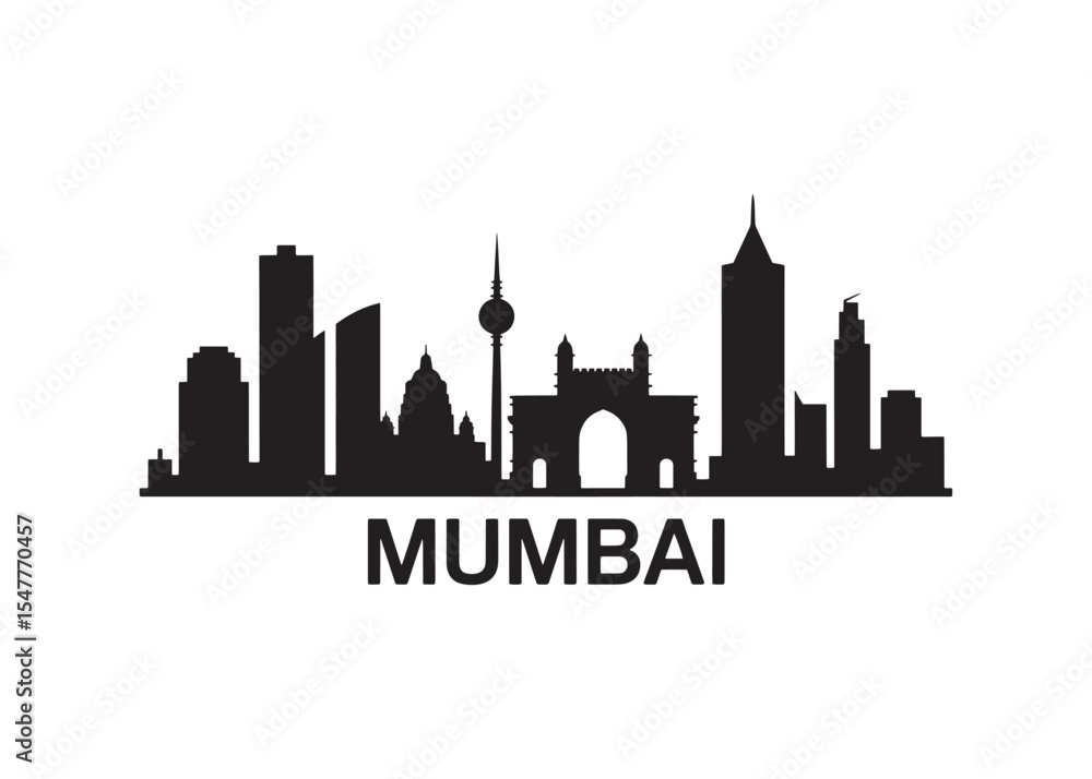 Black Silhouette of Mumbai Skyline with Bold Lettering Capturing the Essence of India's Bustling Metropolis and Architectural Wonders Black Silhouette of Mumbai Skyline with Bold Lettering Capturing the Essence of India's Bustling Metropolis and Architectural Wonders