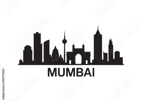 Black Silhouette of Mumbai Skyline with Bold Lettering Capturing the Essence of India's Bustling Metropolis and Architectural Wonders