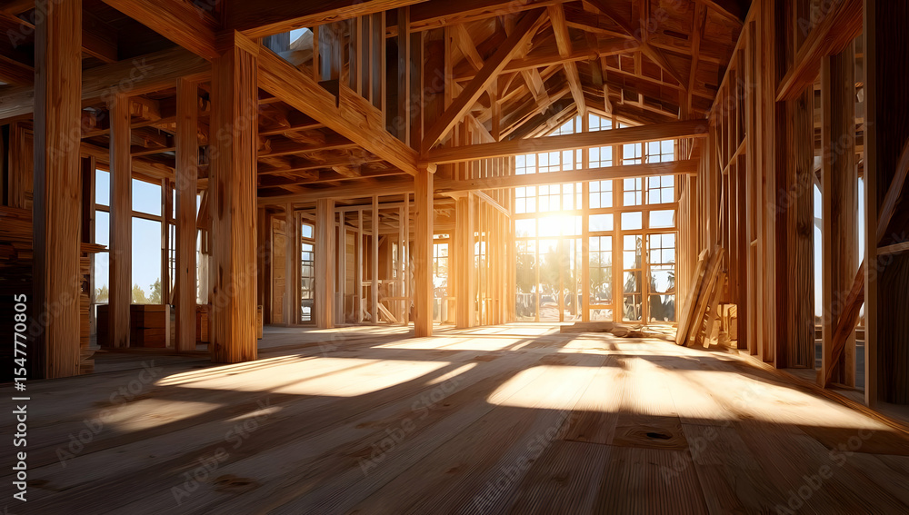 A sunlit interior of a wooden structure, showcasing beams and natural light illuminating the space, ideal for architectural design. A sunlit interior of a wooden structure, showcasing beams and natural light illuminating the space, ideal for architectural design.