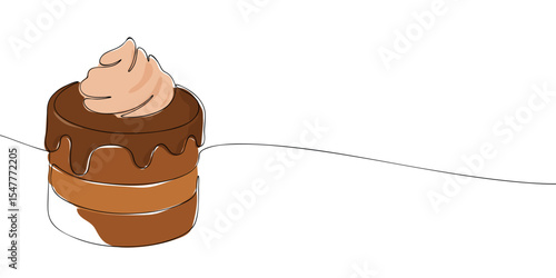 Minimalist continuous line illustration of a layered chocolate dessert with cream topping, featuring smooth lines and a modern, clean background.