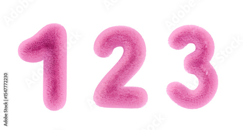 3D cute numbers 1, 2, 3 Set of fluffy fuzzy pink numbers for birthdays, bonuses, New Year, and promotions. Vector illustration in rose tones.