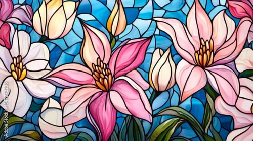Vibrant stained glass flowers with pink and white lilies and blue background