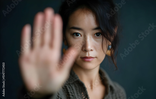 A confident woman raises her hand for a stop gesture, conveying strength and assertiveness in a moody background.