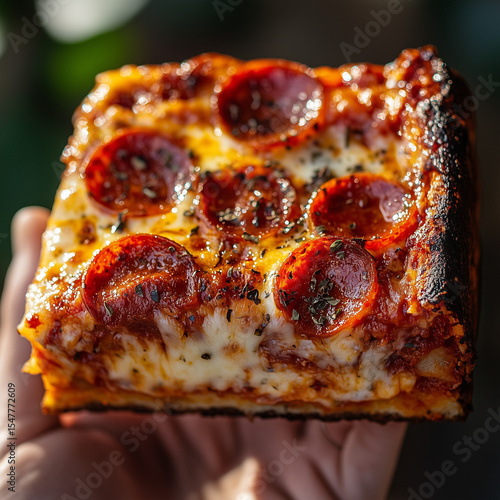 A slice of Detroit-style pizza.