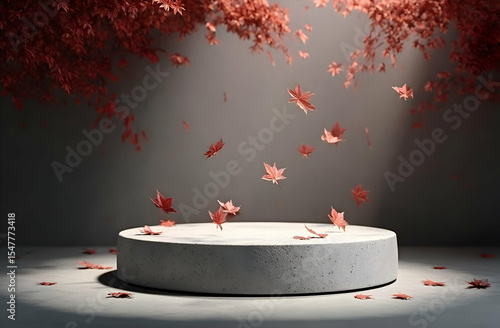 A serene scene featuring falling red leaves gracefully landing on a circular stone pedestal, illuminated by soft lighting.