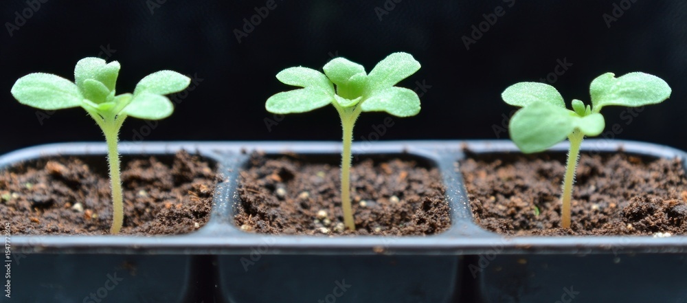 Naklejka premium Three Green Seedlings Growing in Dark Brown Soil