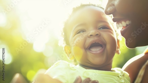 A heartwarming scene of a loving parent tenderly embracing their smiling joyful baby in a serene sunlit meadow capturing the precious bond and blissful innocence of early childhood