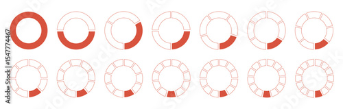 Circles divided diagrams 1, 2, 3, 10, 7, 8, 9, 10, 11, 12, 13, 14 equal parts. Pie, pizza graph shape section charts icons. Coaching blank simple template. Red segments wheel round divide infographic.