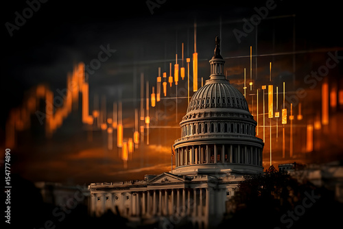 A dramatic view of the Capitol building, illuminated against a dark backdrop with abstract financial graphs and trends projected.