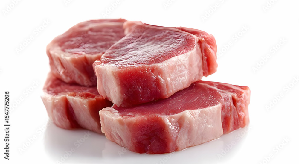 Fototapeta premium Fresh raw meat cuts stacked on a white background, ideal for culinary and recipe concepts.