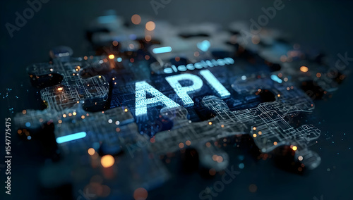 Abstract puzzle piece with glowing API text and circuit patterns, illustrating technology and connectivity in digital environments.