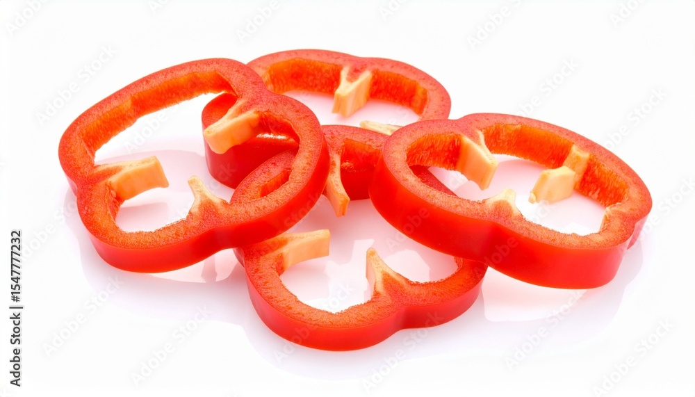 Freshly sliced red bell pepper segments arranged on white background Freshly sliced red bell pepper segments arranged on white background