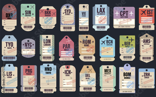 Travel-themed tags from international cities, perfect for tourism, posters, maps, and design elements. Set of beautiful vintage luggage tag. Retro travel label set