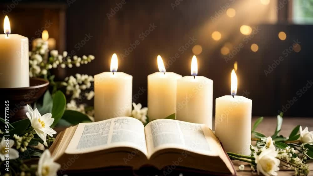 Illuminated scene featuring candles, an open book, and delicate flowers on a rustic wooden table in warm light. Illuminated scene featuring candles, an open book, and delicate flowers on a rustic wooden table in warm light.