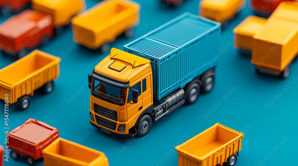 Fototapeta premium A miniature yellow and blue toy truck surrounded by multiple small orange and red toy trailers on a blue surface.