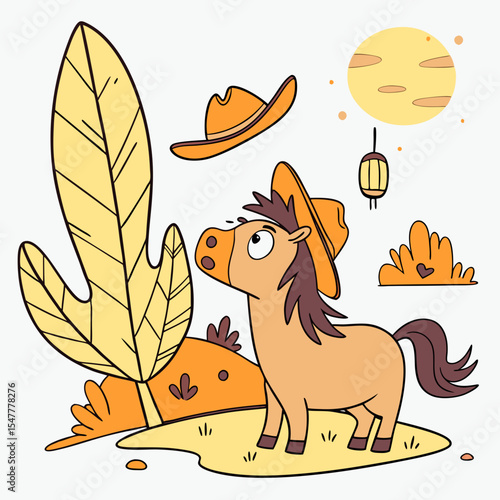 Charming SVG of a Surprised Horse featuring with a giant leaf, styled in a Desert sunset theme with Sundown Glow hues