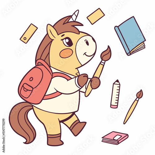 Chalkboard Fun themed SVG: Bashful Horse with holding a paintbrush in a Back to school environment