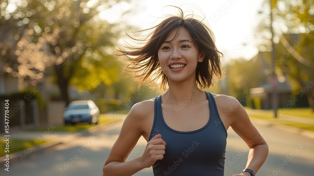 Fototapeta premium Joyful Young Asian Woman Jogging in Athletic Wear Outdoors – Full Body