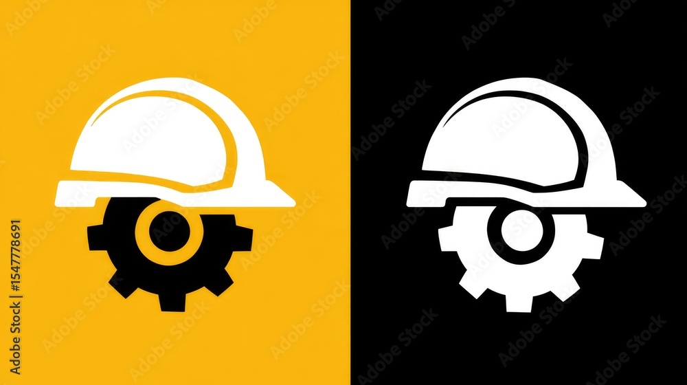 Fototapeta premium Industrial engineering logo with hard hat icon and gear wheel in stylized flat design
