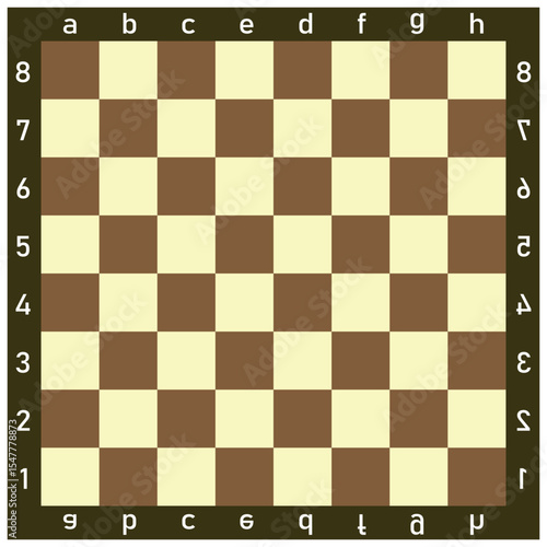 Empty chessboard with coordinate labels and rotated mirrored symbols, displayed in a flat top-down view with alternating light and dark brown squares.