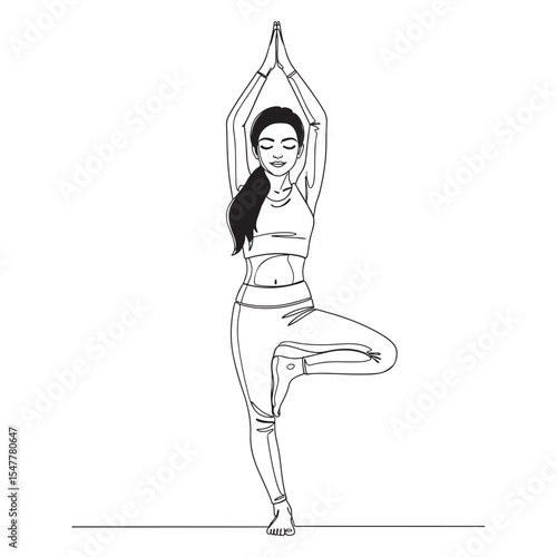Woman in Tree Pose Yoga Black Line Art Illustration 1