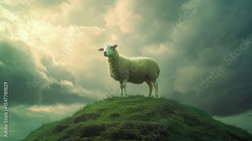 Sheep atop a hill under dramatic sky