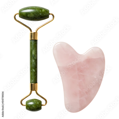 green jade double-ended facial roller with pink gua sha tool, ideal for natural beauty and face massage routine