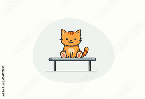 Cartoon cat sitting happily on a balance beam with soft background  