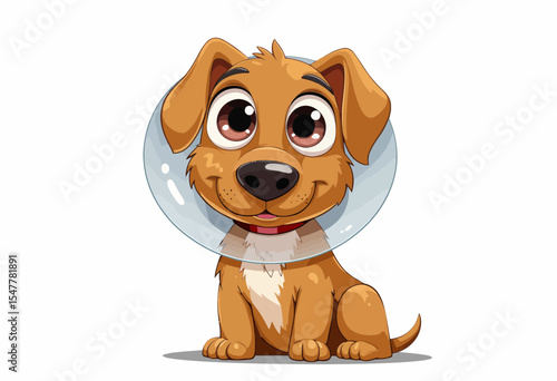 Cartoon dog with a cone collar sitting happily on a white background  