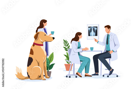Veterinarians consulting pet owner while examining dog in clinic  
