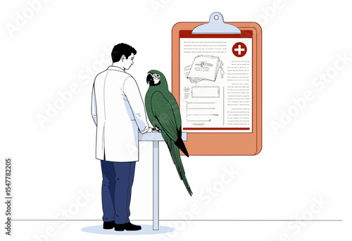 Veterinarian examining green macaw while reviewing medical chart  