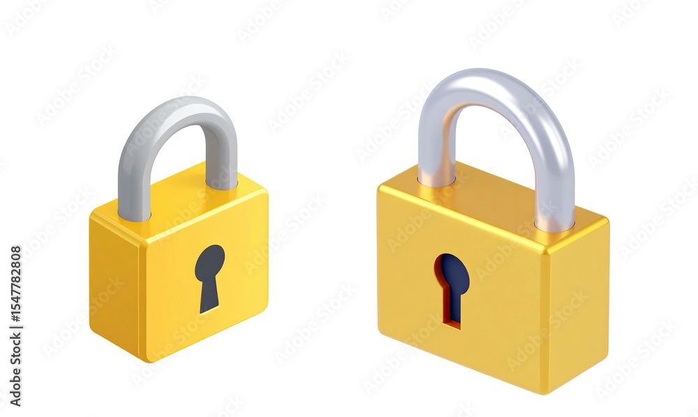 Naklejka premium Set of 2 3D Padlock Icons – Isometric View, Isolated on Transparent Background