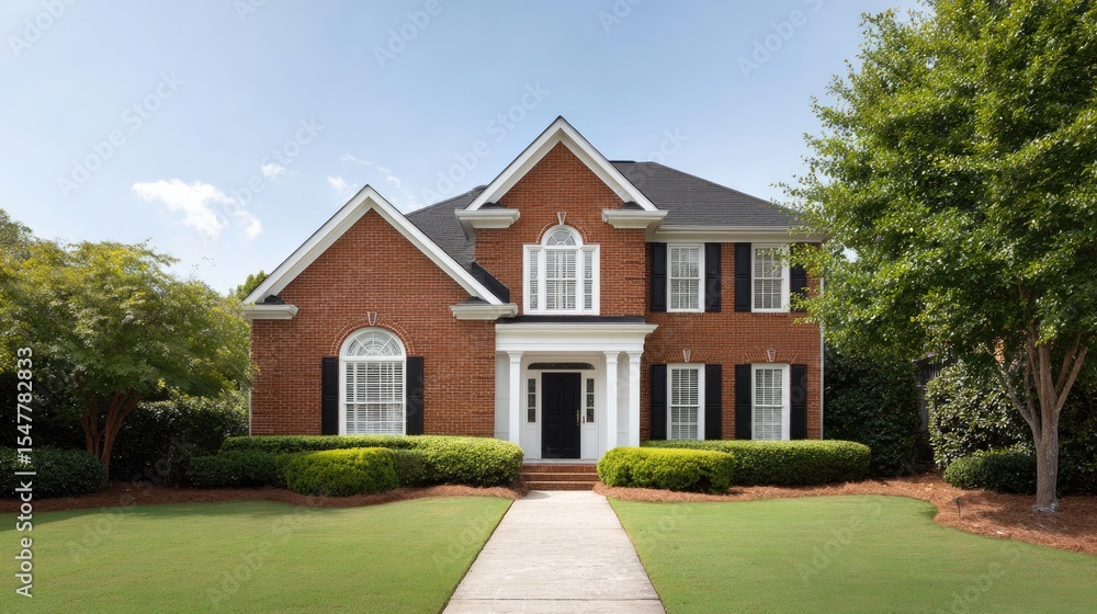 Elegant Brick House with Lush Green Lawn and Clear Blue Sky Elegant Brick House with Lush Green Lawn and Clear Blue Sky
