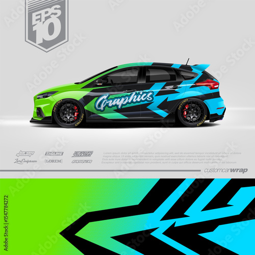 Racing car wrap design vector. Graphic abstract stripe racing background kit designs for wrap vehicle, race car, rally, adventure and livery. Full vector eps 10	