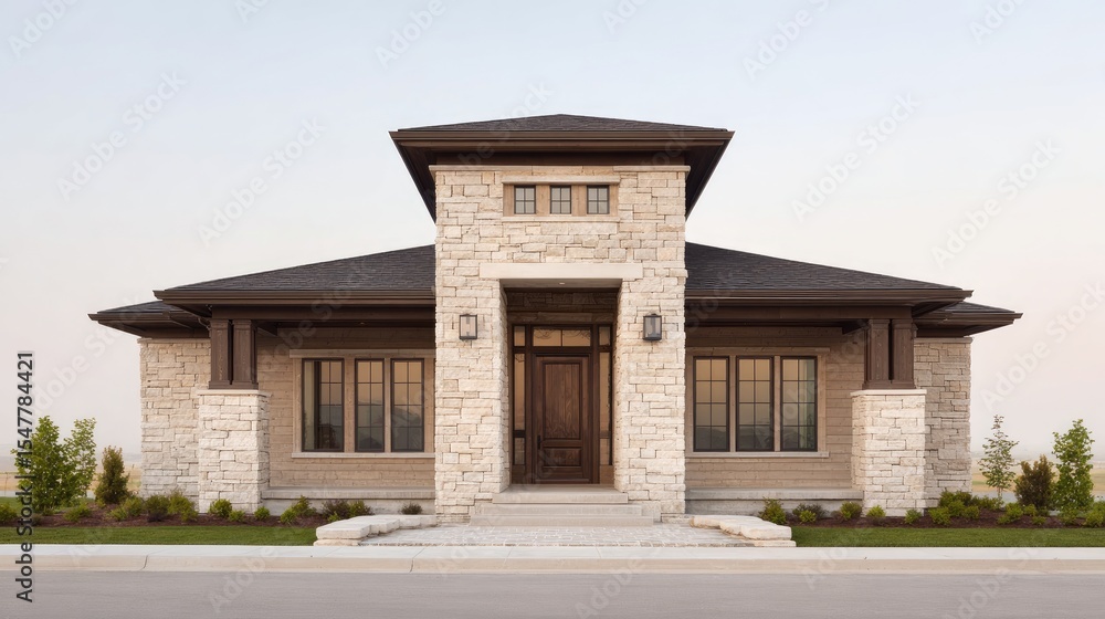 Fototapeta premium Modern Stone House with Elegant Design and Welcoming Entryway