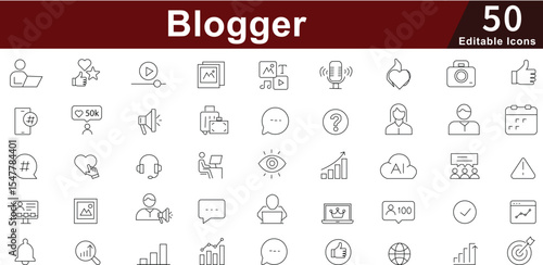Blogger Content Creator Icon Set - 50 Editable Blogging Writing Icons for Social Media, Publishing and Digital Content Vector Collection