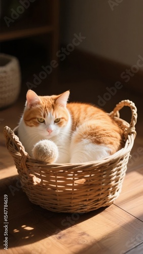 Ginger and White Cat Relaxing in a Wicker Basket with Sunlight Streaming In