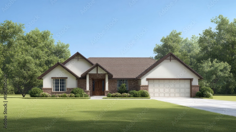 Beautiful suburban home with landscaped yard and clear blue sky Beautiful suburban home with landscaped yard and clear blue sky