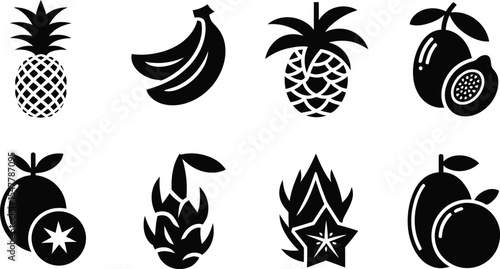 Tropical fruit icons black and white
