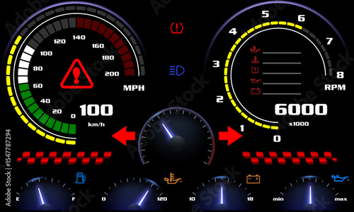 Car dashboard modern automobile control illuminated panel speed display vector illustration.