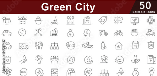 Green City & Sustainability Line Icons set - Ecology, Environment, Eco-Friendly & Nature Vector. Editable Stroke 