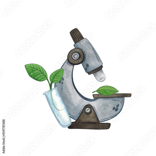 Microscope and a test tube with a green plant next to it. Watercolor illustration hand drawn, cartoon. Drawing for stickers, cards, invitations, scrapbooking. science, school, laboratory, biology